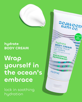 Seaweed Bath Co. pump and label close-up highlighting ingredient benefits