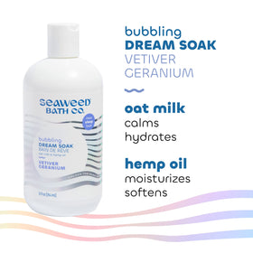 The Seaweed Bath Co. pump close-up showing creamy texture and easy dispensing benefit