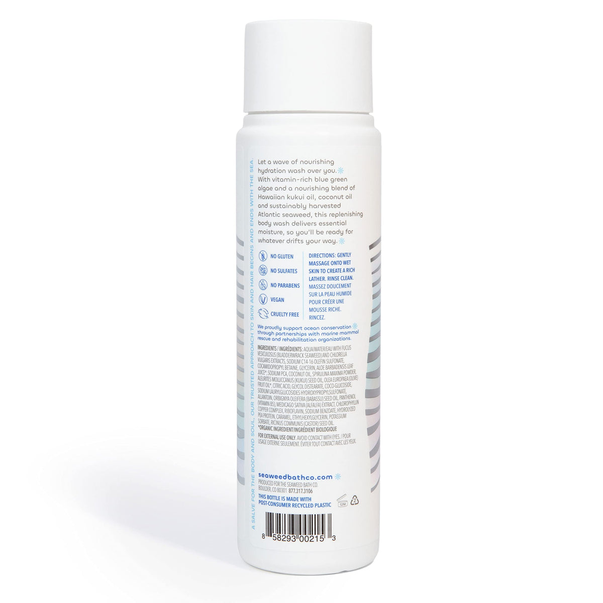 Seaweed Bath Co. bottle recycled marking close-up showing eco-conscious packaging