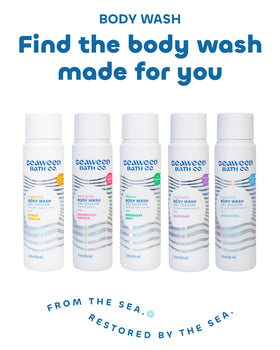 Seaweed Bath Co 12 oz bottle in hand displaying true size and easy grip