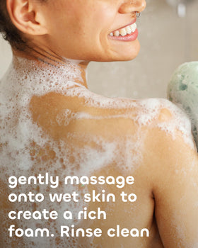Seaweed Bath Co. bottle on shower shelf in lifestyle scene conveying refreshing daily use
