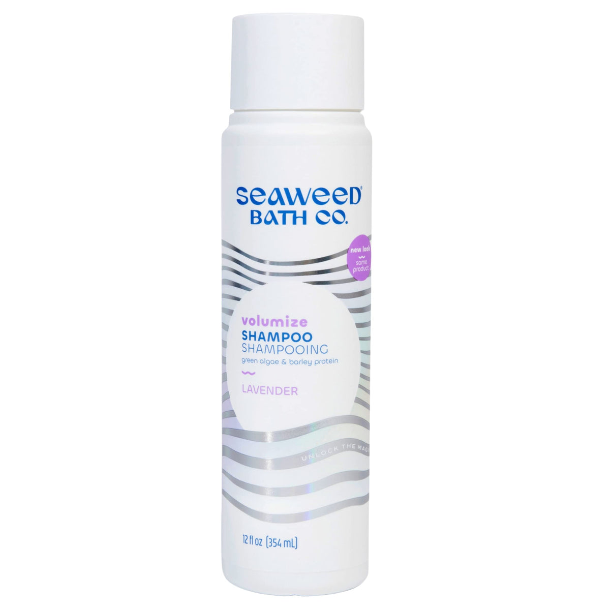 Seaweed Bath Co. front label showing volumize lavender shampoo benefits