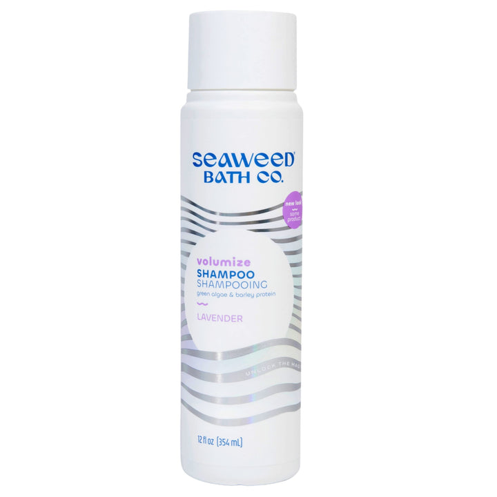 Seaweed Bath Co. front label showing volumize lavender shampoo benefits