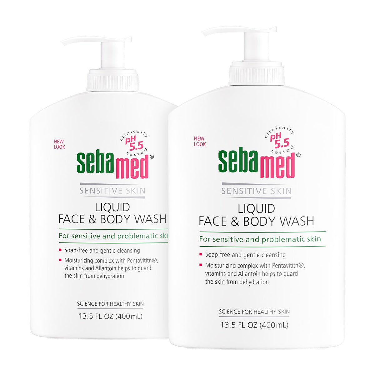 SEBAMED front view 400ml two-pack showing pump and label, promotes gentle cleansing