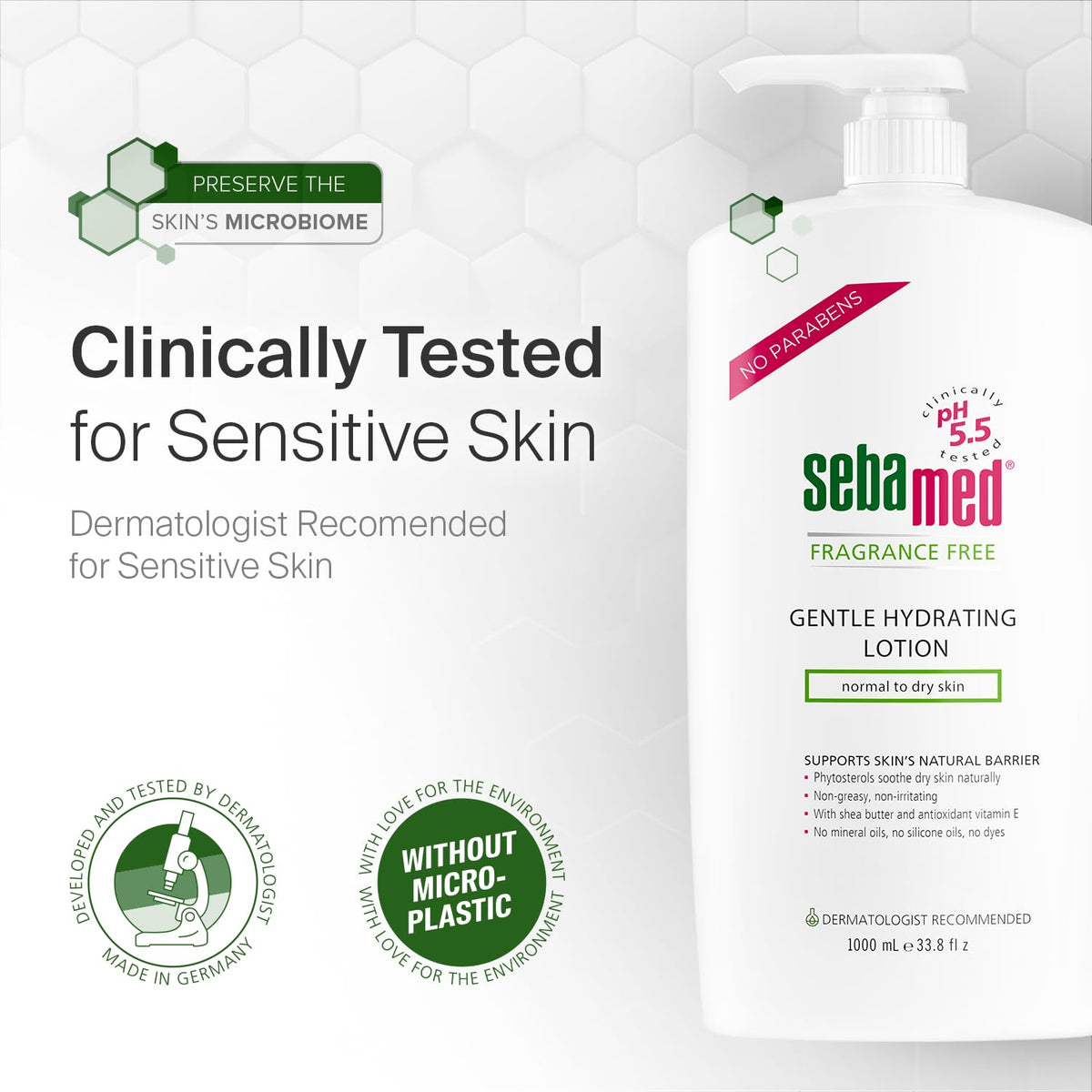 SEBAMED bottle staged with towel in bathroom showing everyday skincare benefit