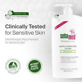 SEBAMED bottle staged with towel in bathroom showing everyday skincare benefit