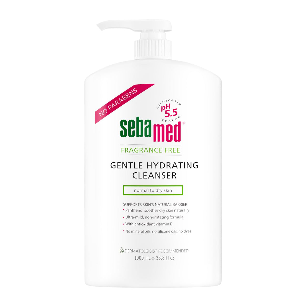 SEBAMED front packaging showing 1 L bottle and clear branding benefit easy dispensing