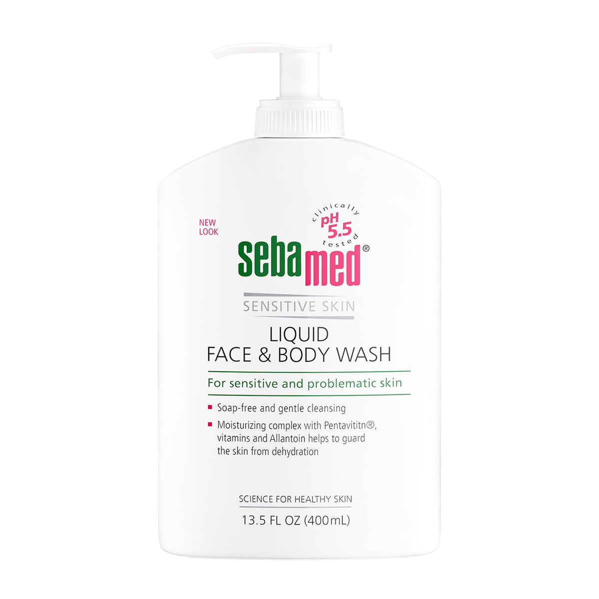 SEBAMED pump bottle front view showing clear label and user-friendly dispenser benefit