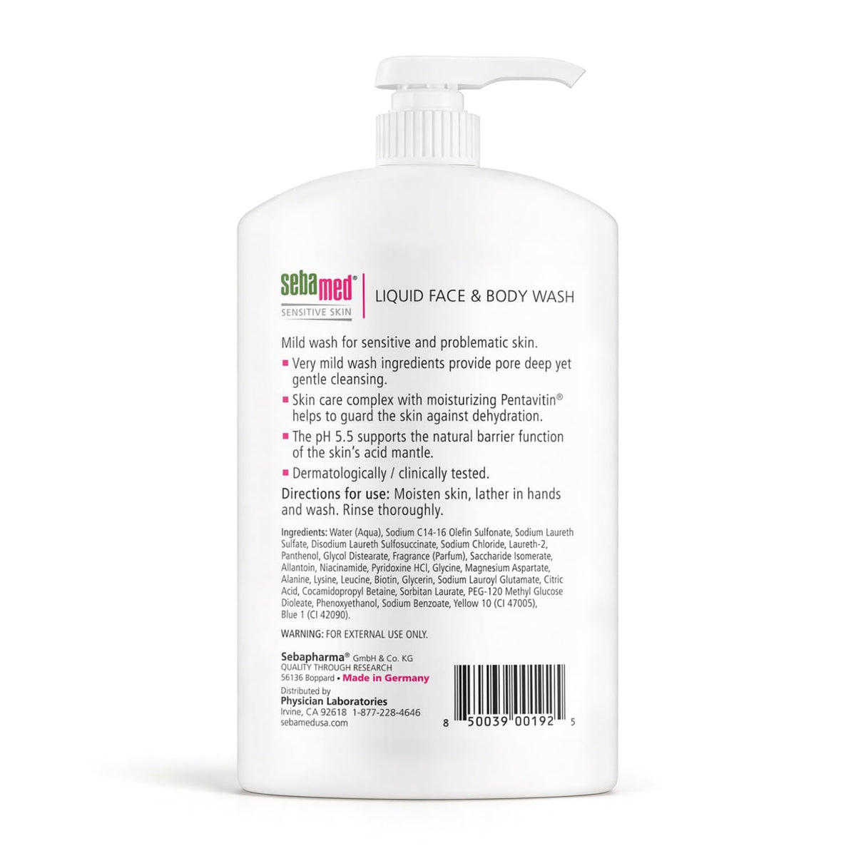 SEBAMED label closeup highlighting key ingredients and pH 5.5 reassurance