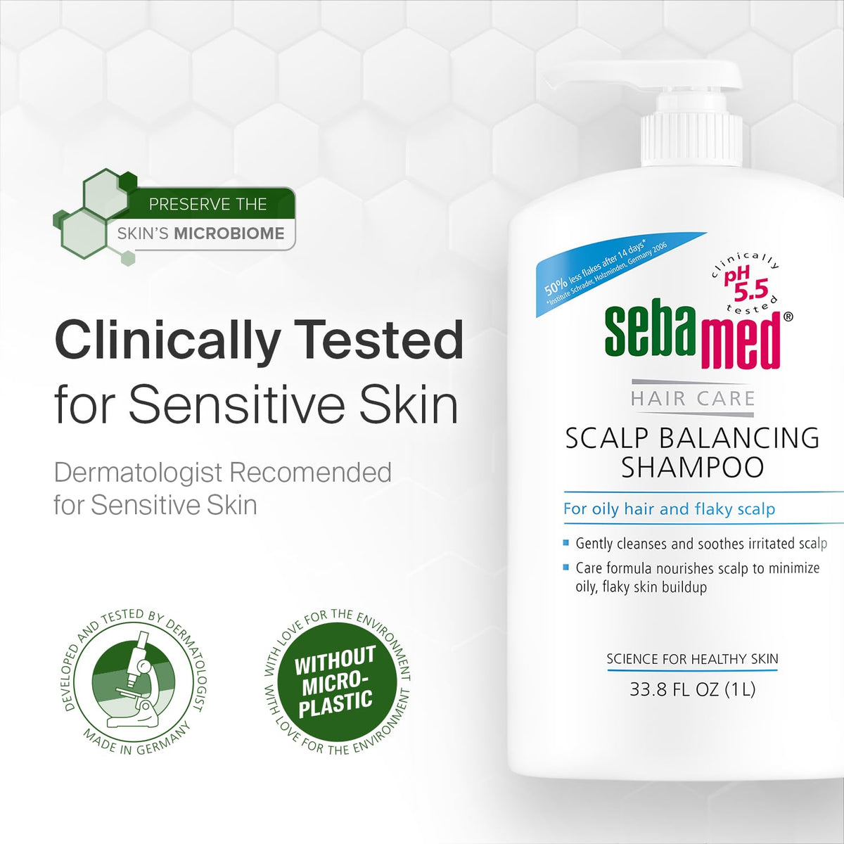 SEBAMED bottle on shower shelf illustrating routine scalp care