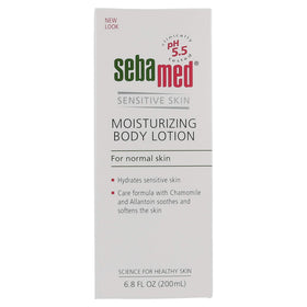 SEBAMED pump dispensing lotion, close-up texture demonstrating lightweight absorption