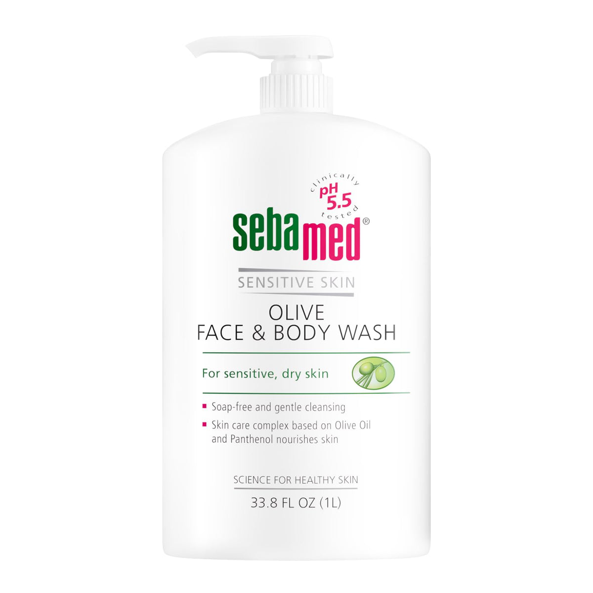 sebamed front packaging showing 1L pump, clear label and gentle formula benefit