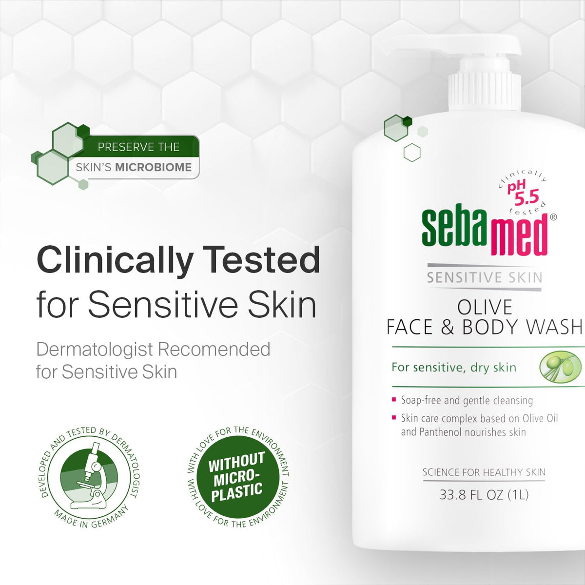 sebamed bottle next to hand for scale, illustrating large 1 liter convenience