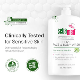 sebamed bottle next to hand for scale, illustrating large 1 liter convenience