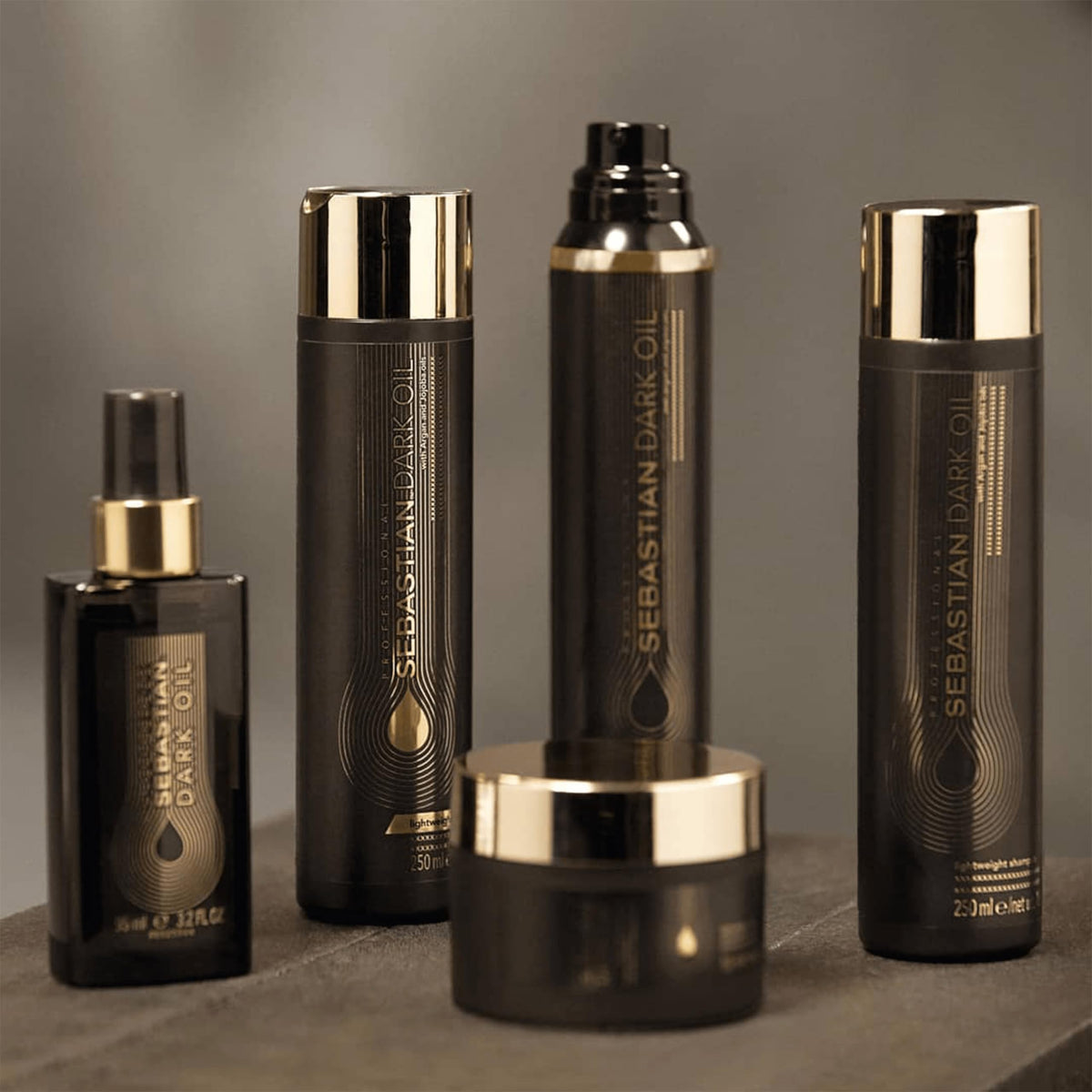 Sebastian dark oil lifestyle bathroom shelf conveying salon fragrance and daily ritual