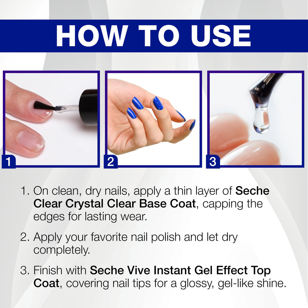 Seche bottles beside fingers showing 14 mL size and easy-at-home use
