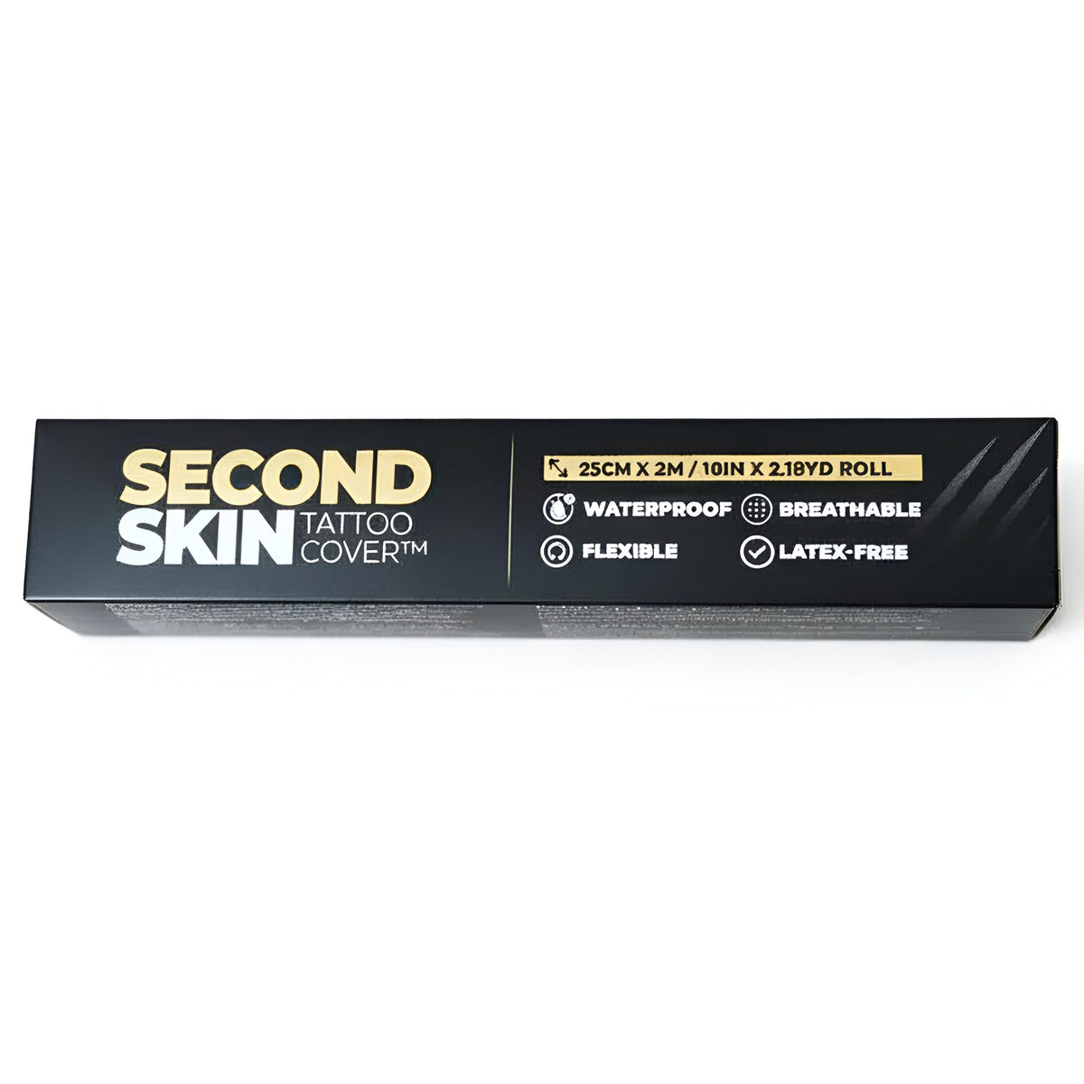 Second Skin Tattoo Cover roll front view showing clear film and label for easy studio use