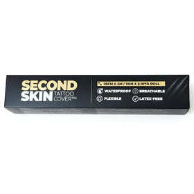Second Skin Tattoo Cover roll front view showing clear film and label for easy studio use