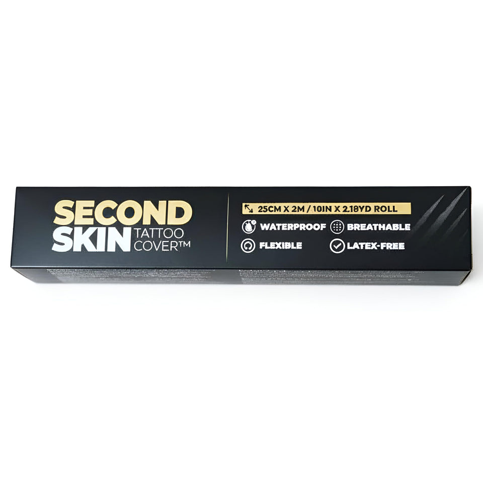 Second Skin Tattoo Cover roll front view showing clear film and label for easy studio use