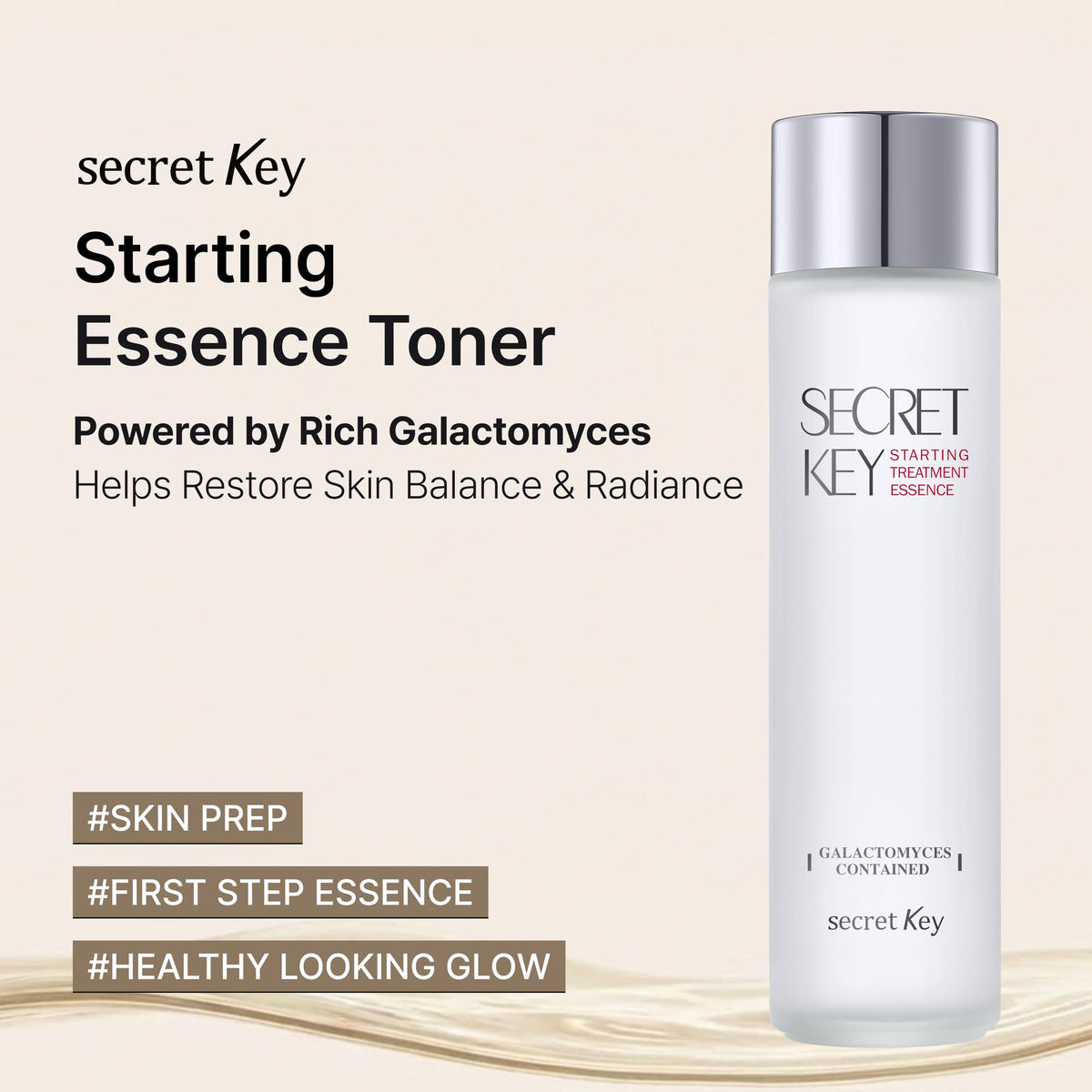 Secret Key label close-up highlighting galactomyces and adenosine benefits