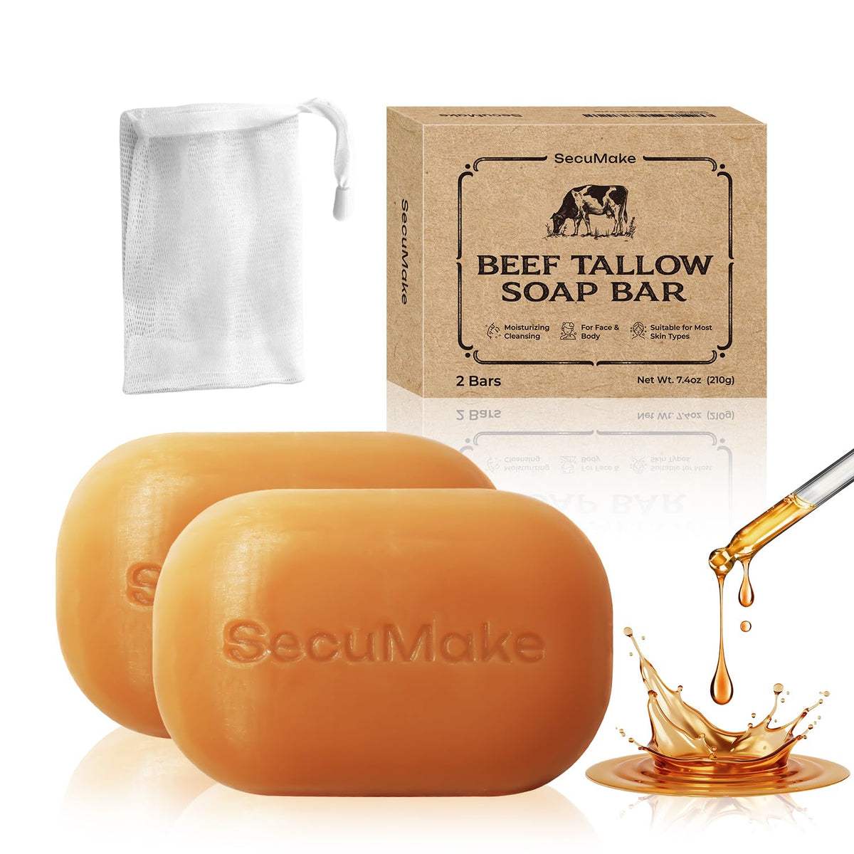 SecuMake front packaging showing two soap bars and benefits