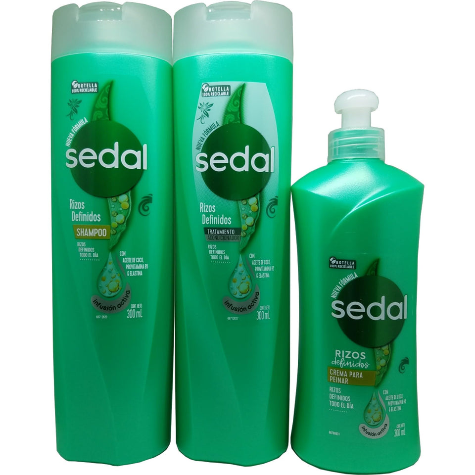 Sedal Rizos Definidos front packaging showing the three products and benefits