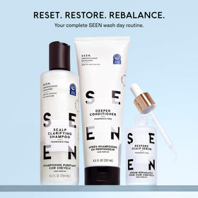 SEEN before and after hair shine comparison highlighting cleaner hair benefit