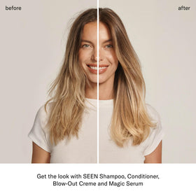 SEEN Blow-Out Creme used during blow-dry showing smoother hair and reduced frizz
