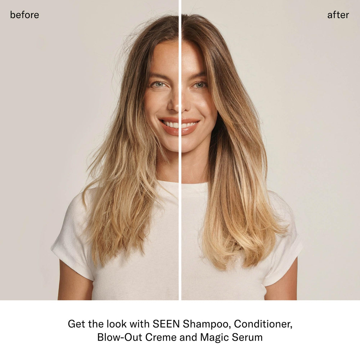 SEEN on styled hair in lifestyle scene, shows frizz reduction and natural shine
