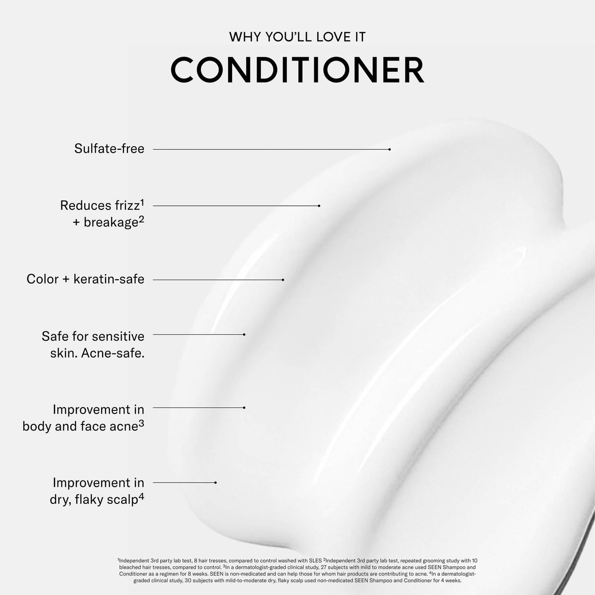 SEEN conditioner creamy texture pouring from bottle to show lightweight slip and detangling ability