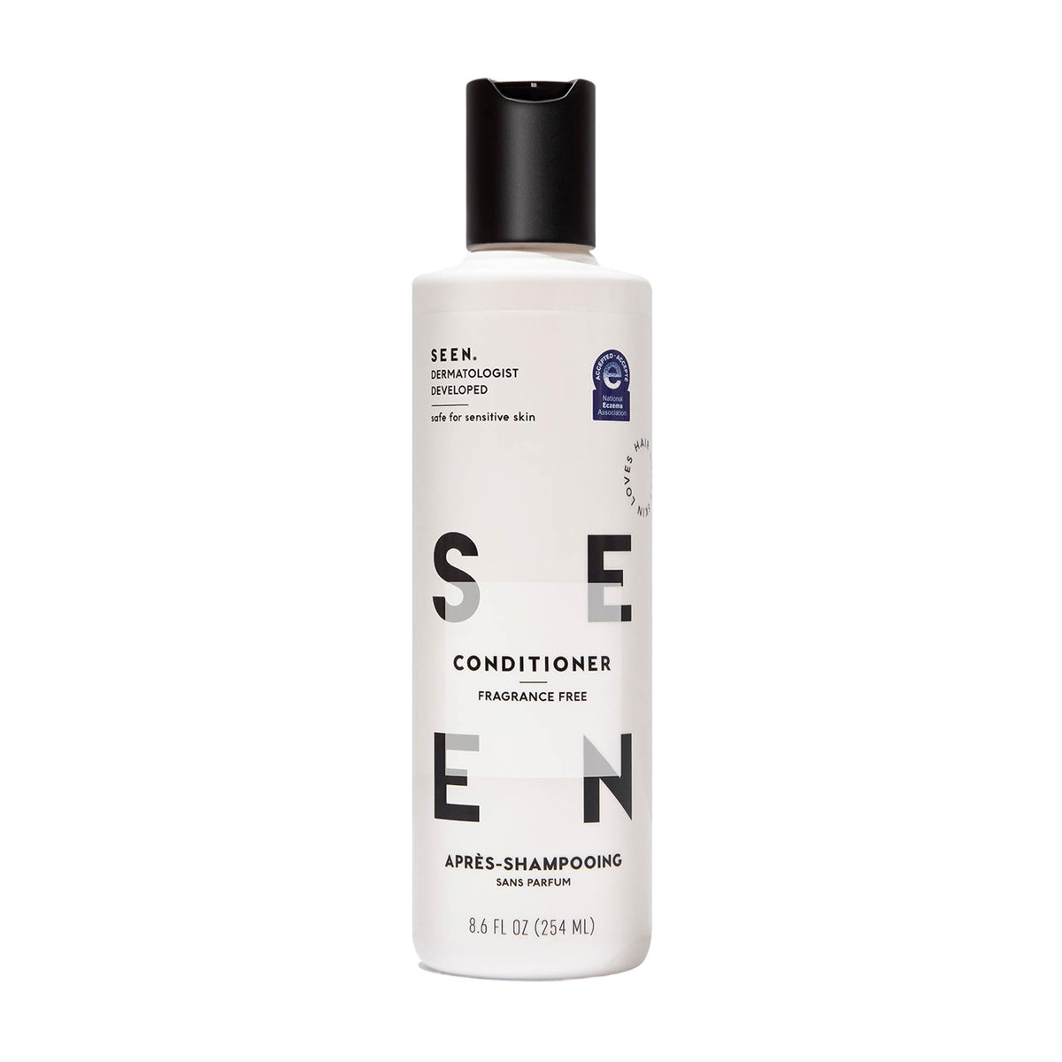 SEEN front bottle view showing clean packaging and gentle formula benefits