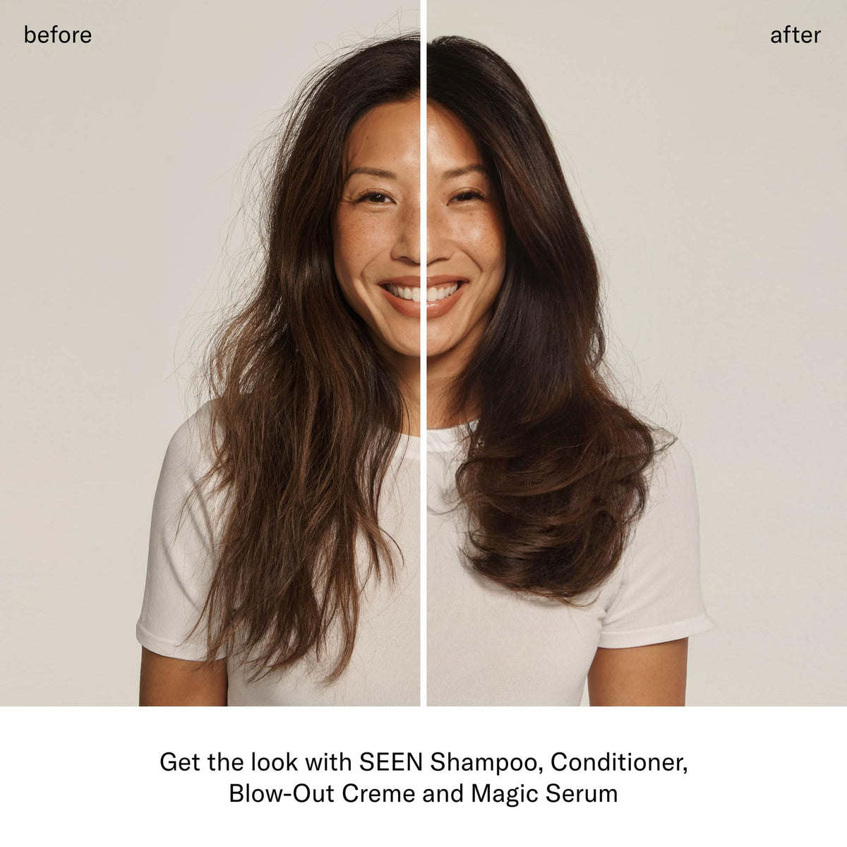 SEEN conditioner in hand to show bottle scale and easy-use pump for everyday routines