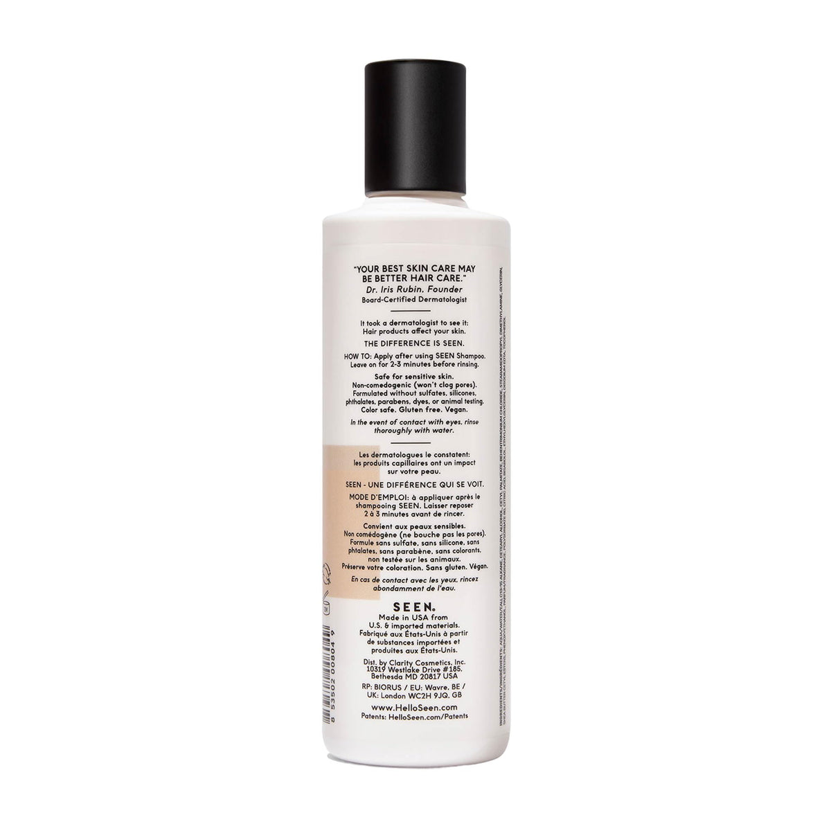 SEEN conditioner pump and label close-up highlighting dermatologist-developed formula benefits