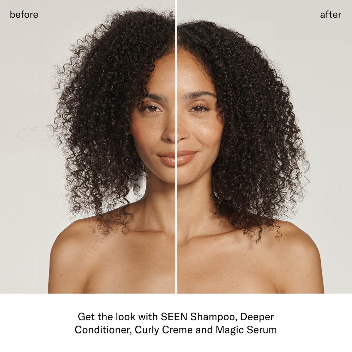 SEEN model applying cream to curls showing frizz reduction benefit