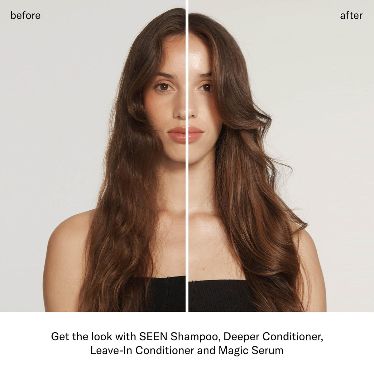 SEEN applying conditioner to hair mid-lengths demonstrating detangling and frizz reduction