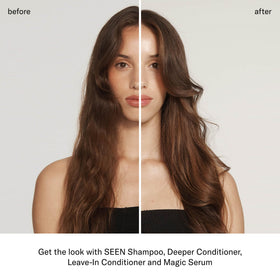 SEEN conditioner applied to wet hair in shower for frizz control benefit