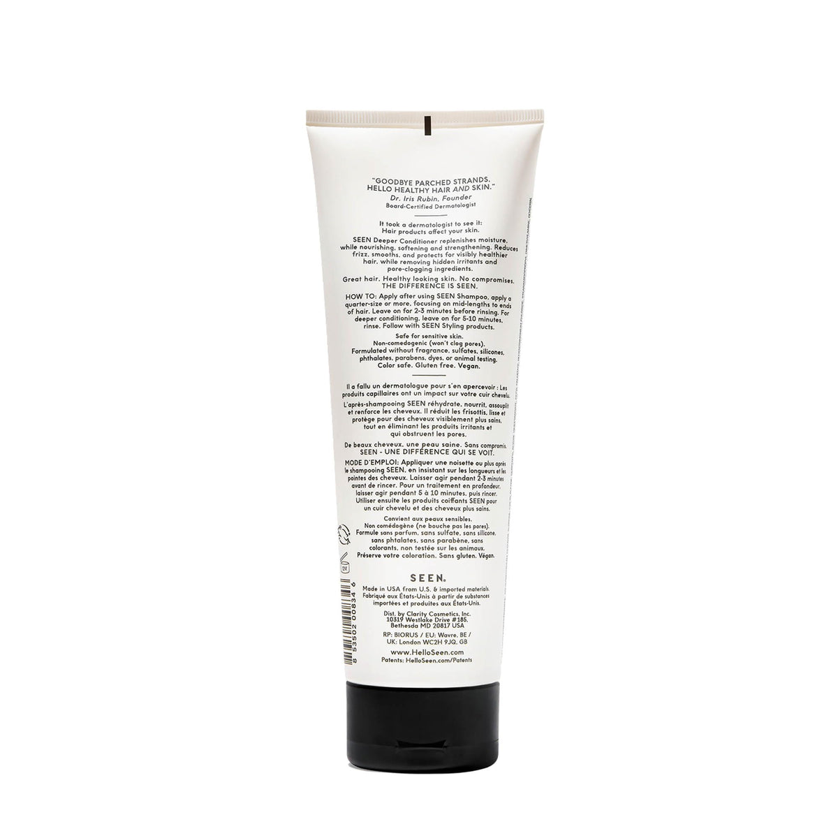 SEEN pump and label detail highlighting ingredients and dermatologist-developed benefit