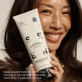 SEEN conditioner next to a ruler size comparison showing travel and full-size options