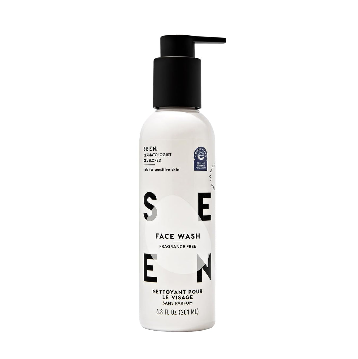 SEEN face wash front packaging showing label and clean design, conveys gentle care