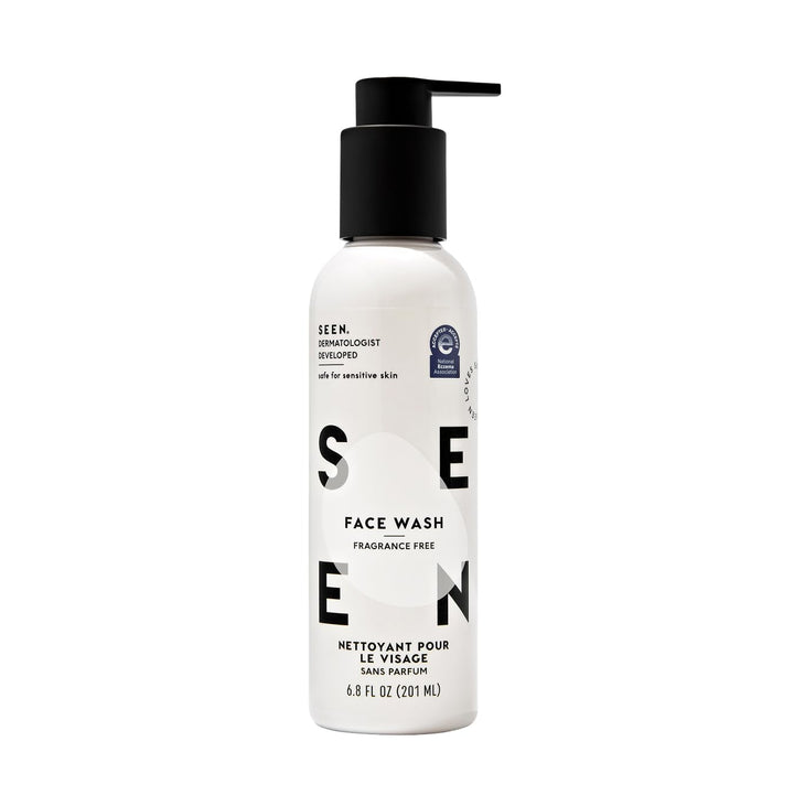 SEEN face wash front packaging showing label and clean design, conveys gentle care