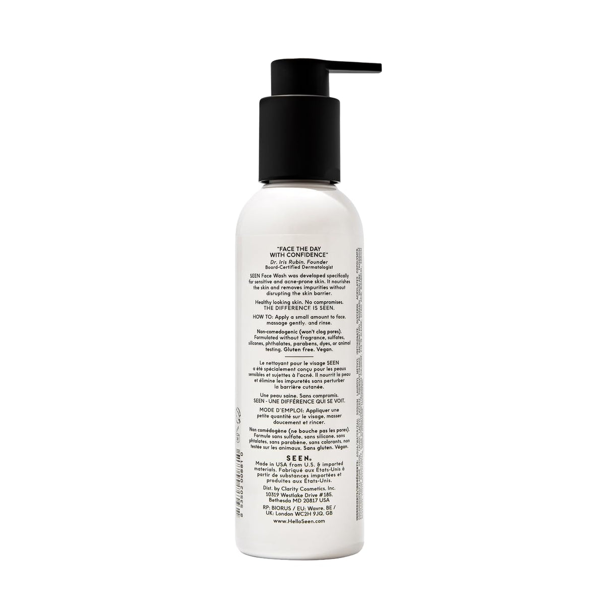 SEEN face wash texture closeup highlighting creamy gel texture and hydrating finish