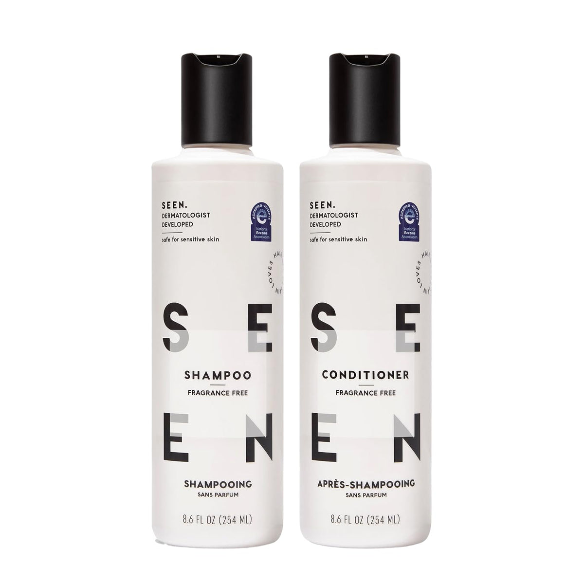 SEEN front bottles of fragrance-free bundle showing clean design and gentle care