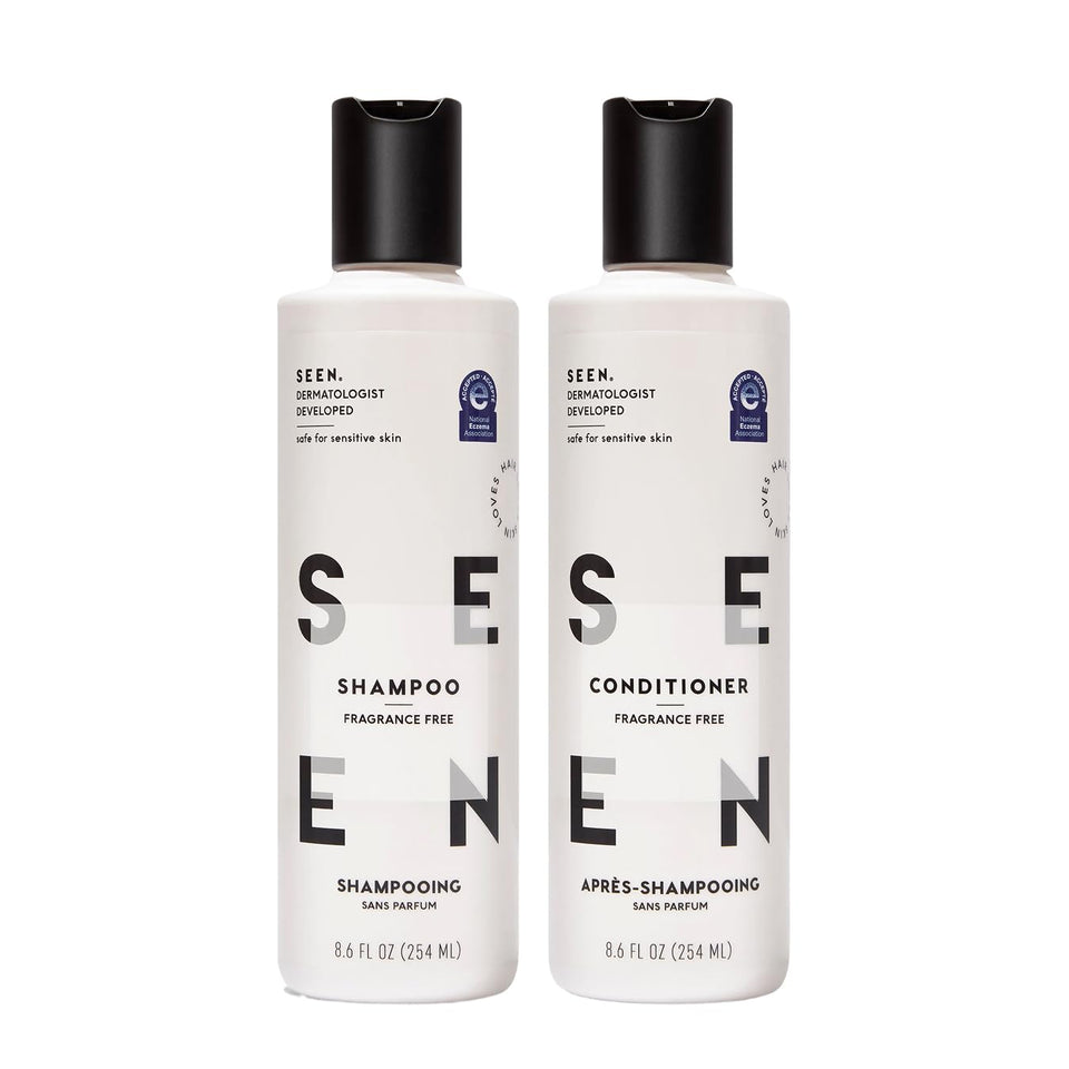 SEEN front bottles of fragrance-free bundle showing clean design and gentle care