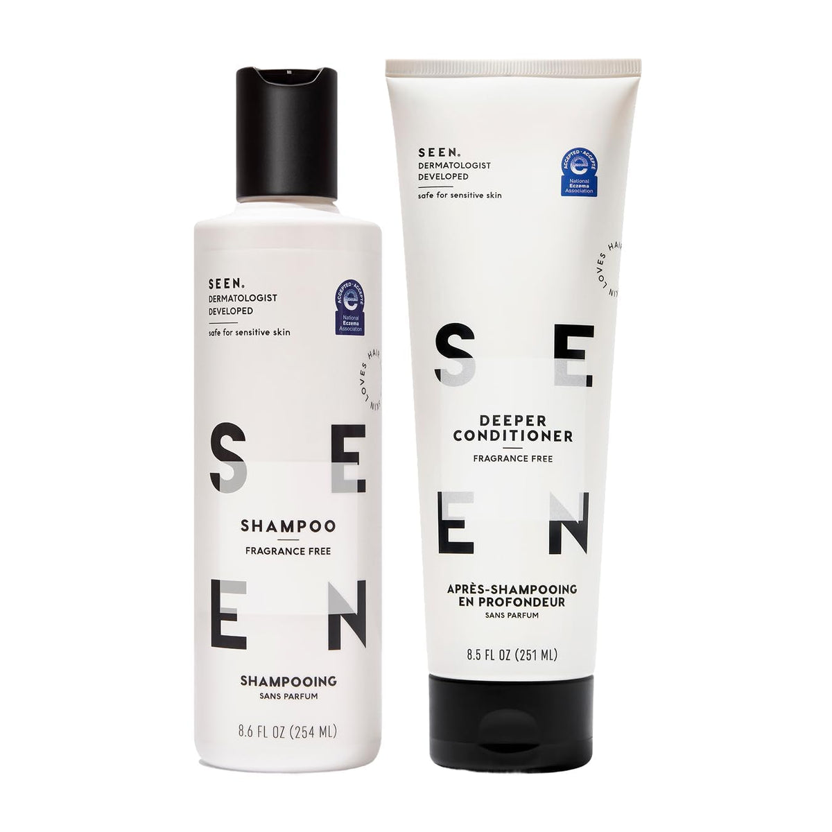 SEEN front packaging showing shampoo and deeper conditioner with clear ingredient benefits