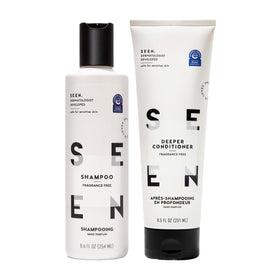 SEEN front packaging showing shampoo and deeper conditioner with clear ingredient benefits