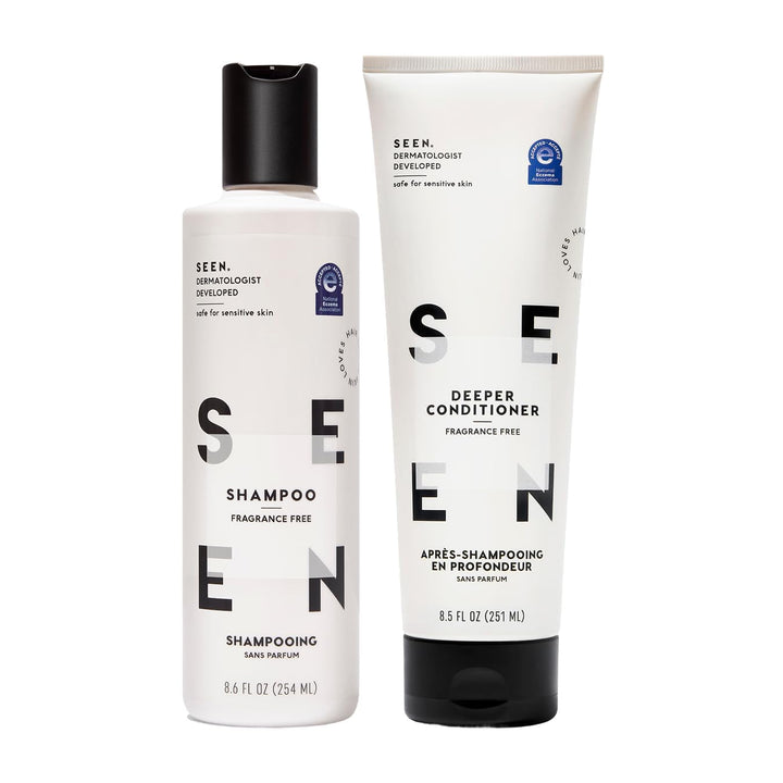 SEEN front packaging showing shampoo and deeper conditioner with clear ingredient benefits