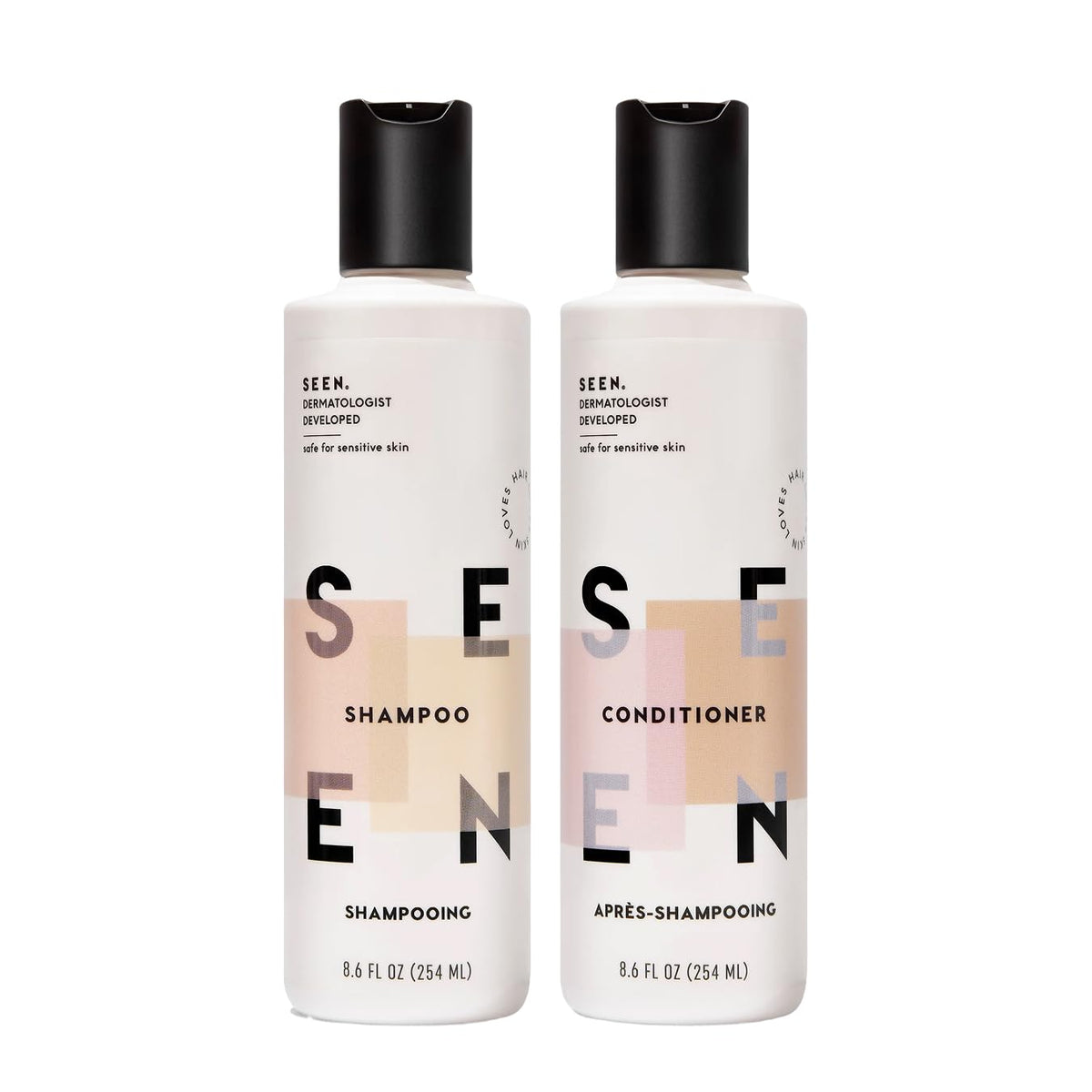 SEEN front packaging showing both bottles and clear labeling, promotes gentle care