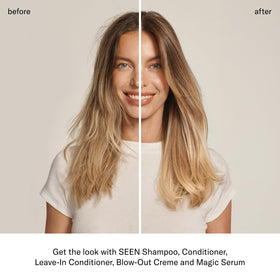SEEN applied to damp hair during styling showing heat protection and smoother finish