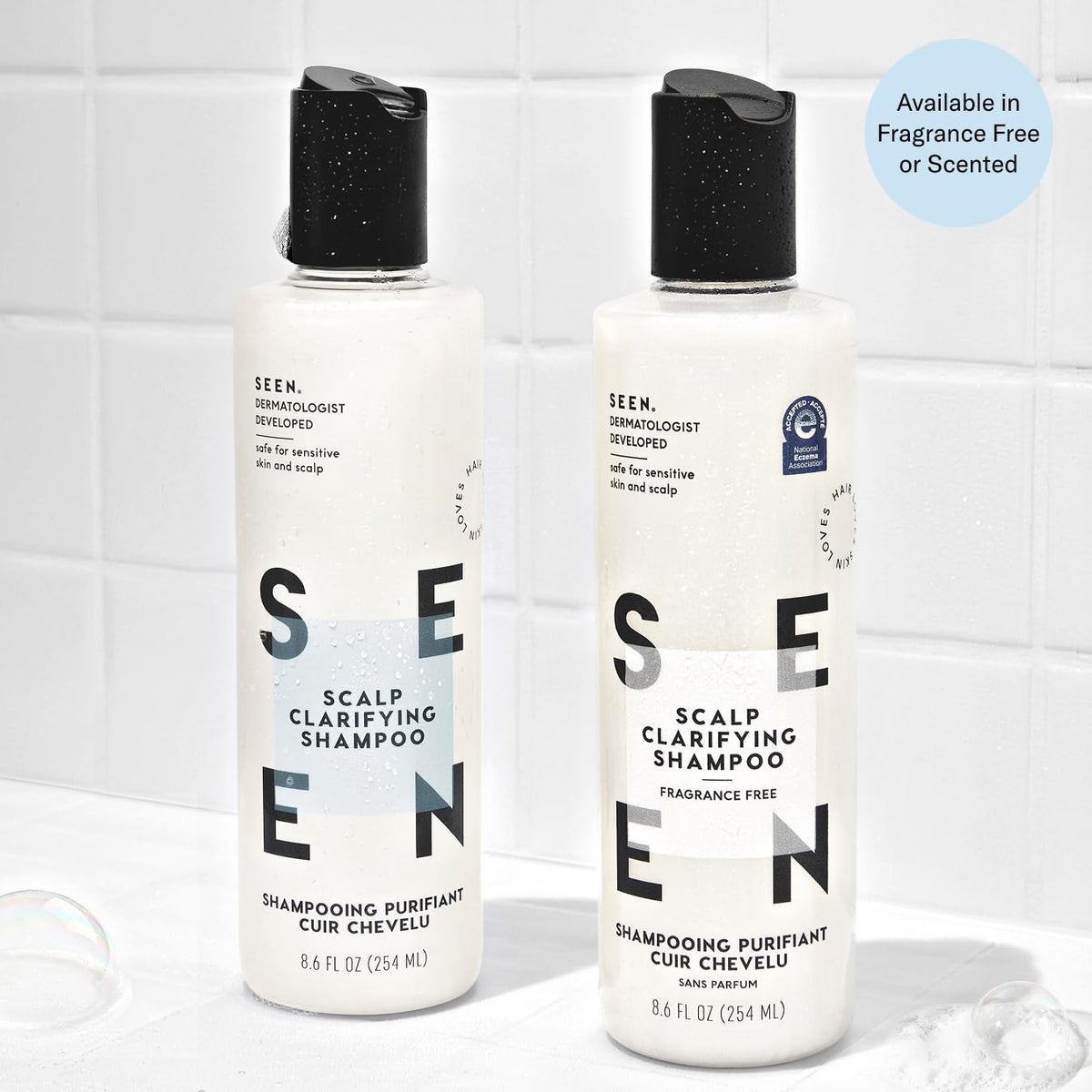SEEN bottle styled in bathroom lifestyle setting demonstrating daily use benefit