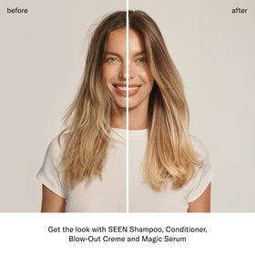 SEEN applied to hair ends demonstrating frizz reduction and added shine benefit